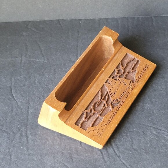 Vintage Lasercraft Walnut Engraved Sailing Ship Desktop Business Card Holder - Picture 5 of 6